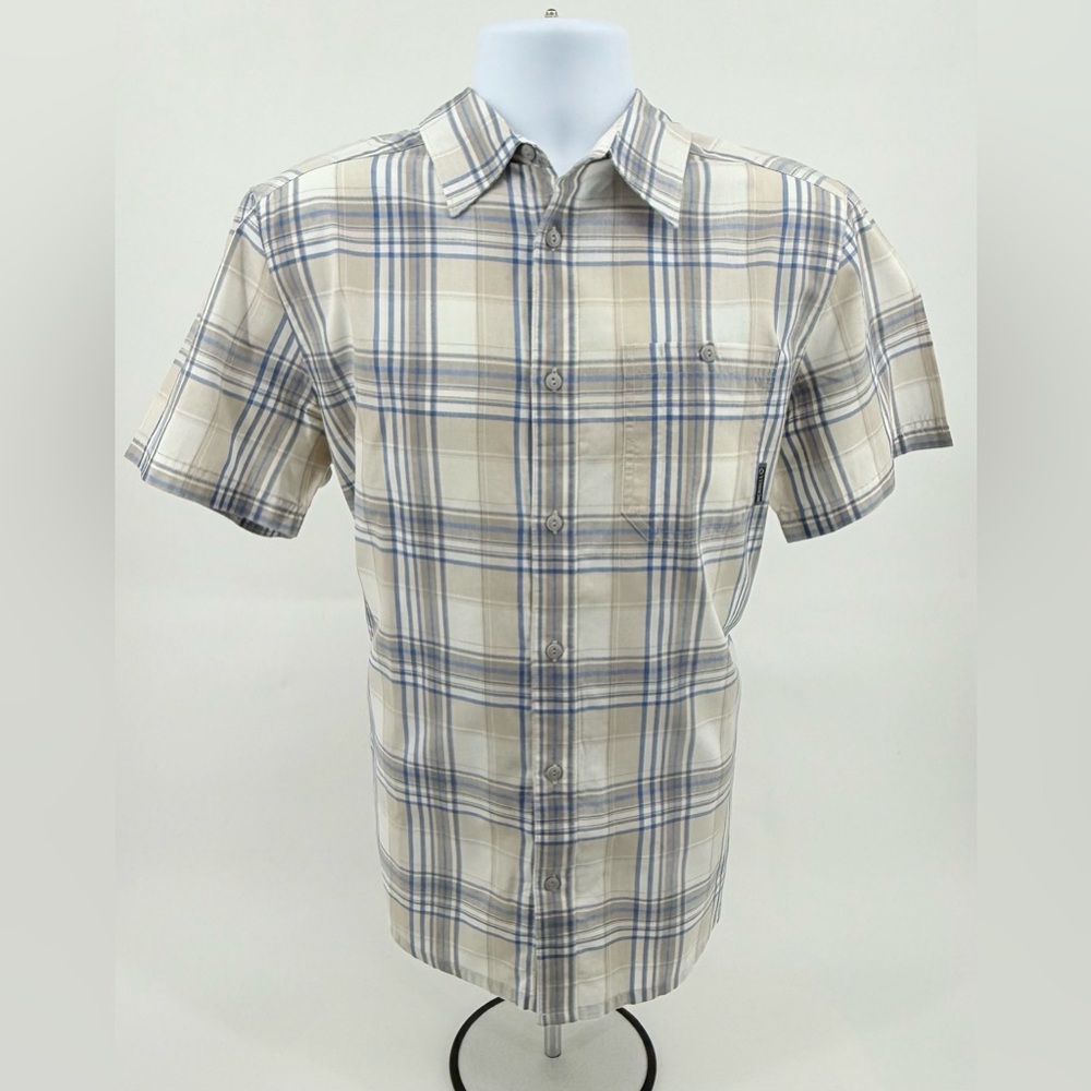 Merrell Short‎ Sleeve Button Up Shirt Tan Blue & White Plaid Men’s Size Medium M